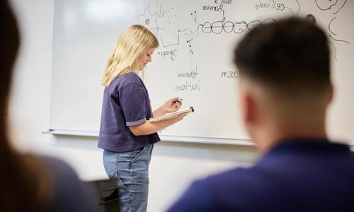 一个学生在白板上学习科学.
